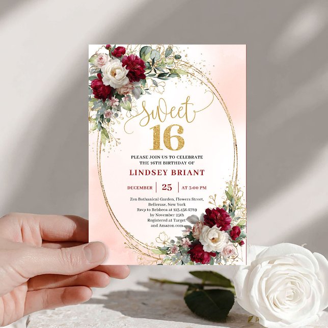 Convites Chic Boho Burgundy Blush Dourado Floral Doce Dezes (Chic Boho Burgundy Blush Gold Floral Sweet Sixteen)