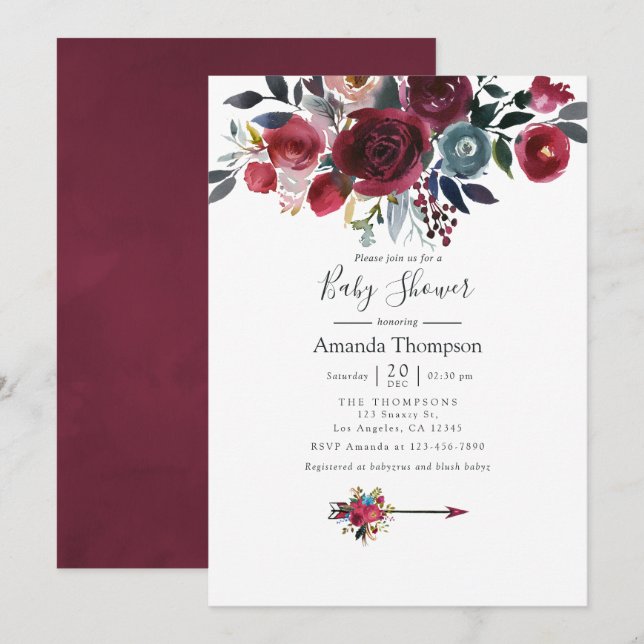 Convites Chic Boho Burgundy e floral Navy Baby Shower (Frente/Verso)