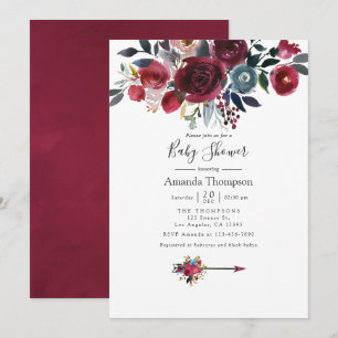 Convites Chic Boho Burgundy e floral Navy Baby Shower