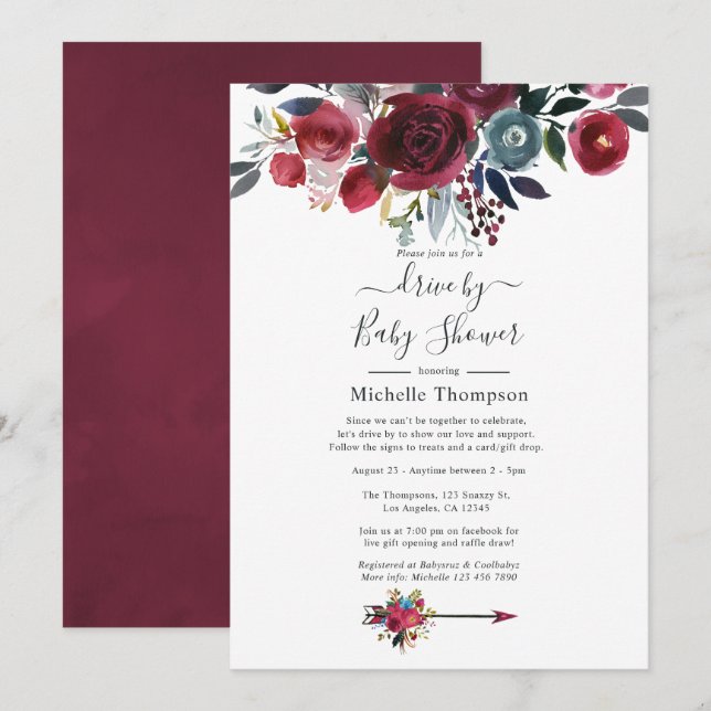 Convites Chic Boho Burgundy e Floral Navy Drive By Chuveiro (Frente/Verso)