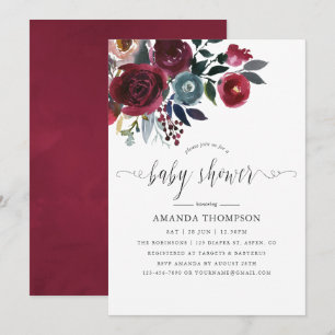 Convites Chic Boho Chá de Bebê floral Burgundy e Navy