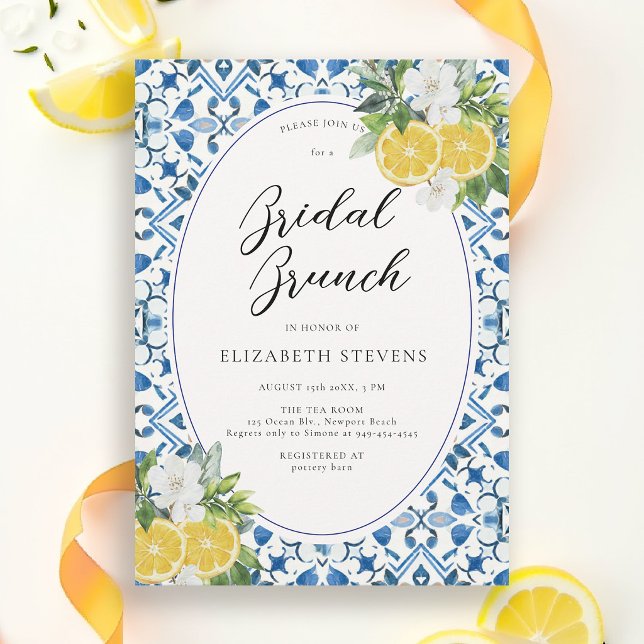Convites Chic Boho Cítrico Azulejo Italiano Chá de Noiva (main squeeze bridal shower theme amalfi coast blue tiles lemon floral watercolor invitation)