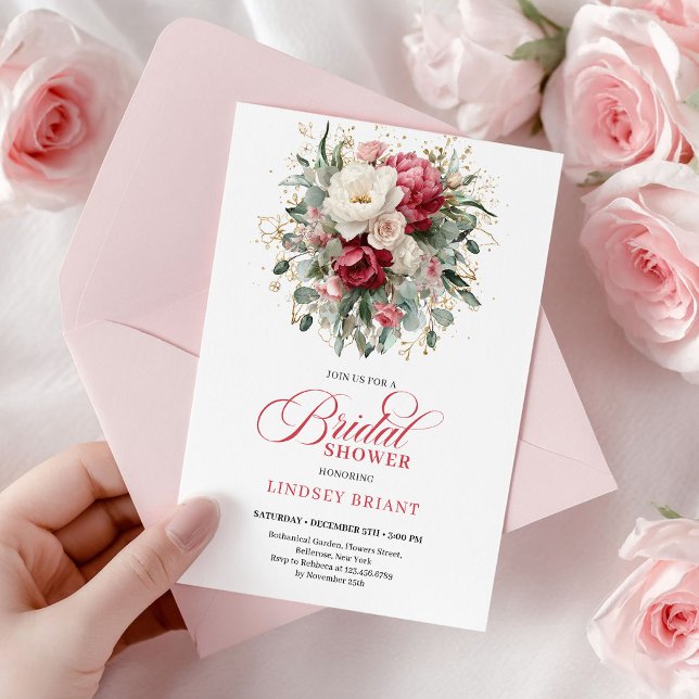 Convites Chic Boho Crimson Branco Greenery Chá de Noiva  (Chic Boho Crimson White Greenery Bridal Shower Invite

)