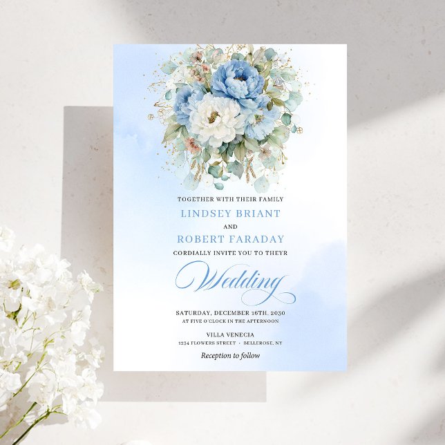 Convites Chic Boho Dusty Blue Peony Gold Wedding Invitation (Chic Boho Dusty Blue Peony Gold Wedding Invitation)