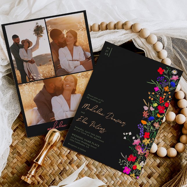 Convites Chic Boho Flores Selvagens Brilhantes 3 fotos casa (Criador carregado)