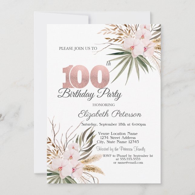 Convites Chic Boho Flowers 100th Birthday (Frente)