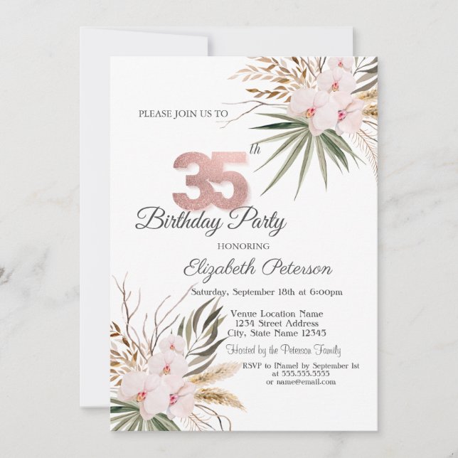 Convites Chic Boho Flowers 35th Birthday (Frente)