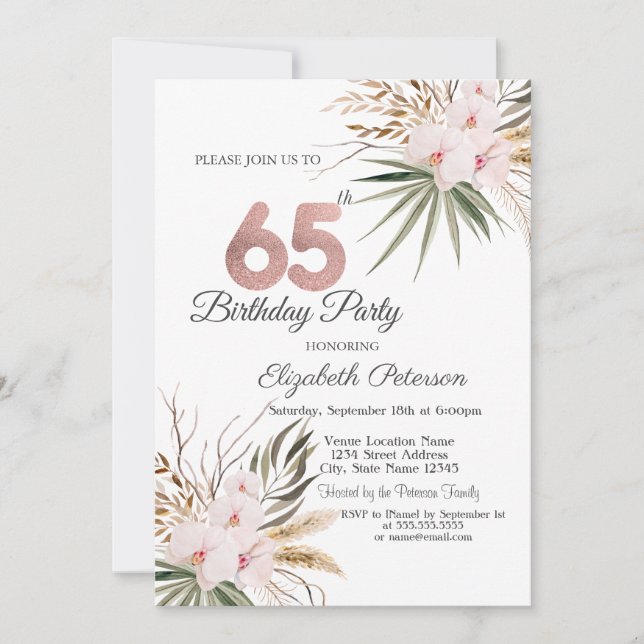 Convites Chic Boho Flowers 65th Birthday (Frente)
