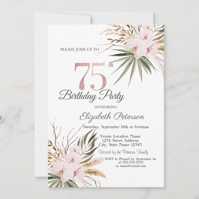Convites Chic Boho Flowers 75th Birthday (Frente)