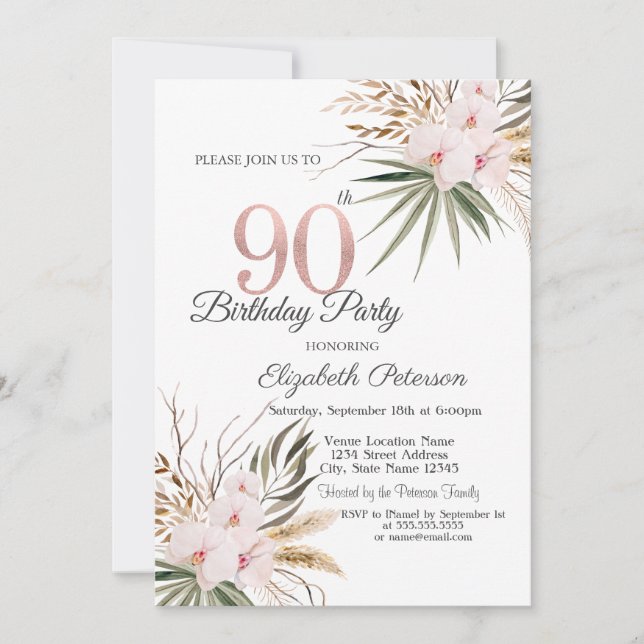 Convites Chic Boho Flowers 90th Birthday (Frente)