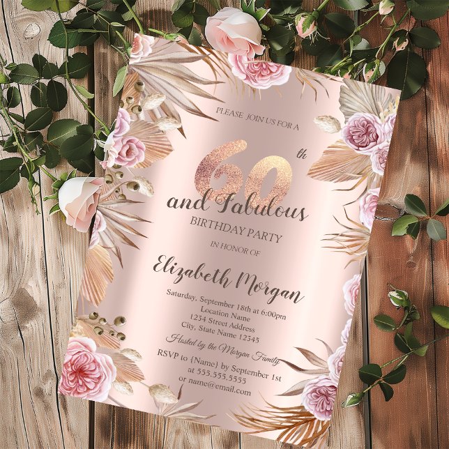 Convites Chic Boho Flowers Rosa Dourado 60º aniversário (Criador carregado)