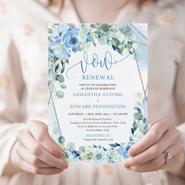 Convites Chic Boho Ice azul floral eucalipto renovação da p (winter baby blue flowers sage greenery and silver frame vow renewal invitation)