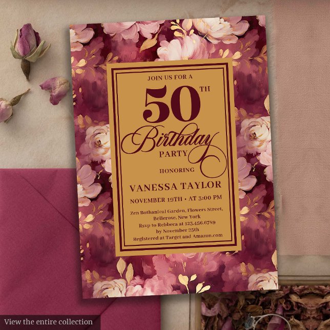 Convites Chic Boho Marsala Dourado Flores 50º Aniversário (Chic Boho Marsala Gold Flowers 50th Birthday Invitation)