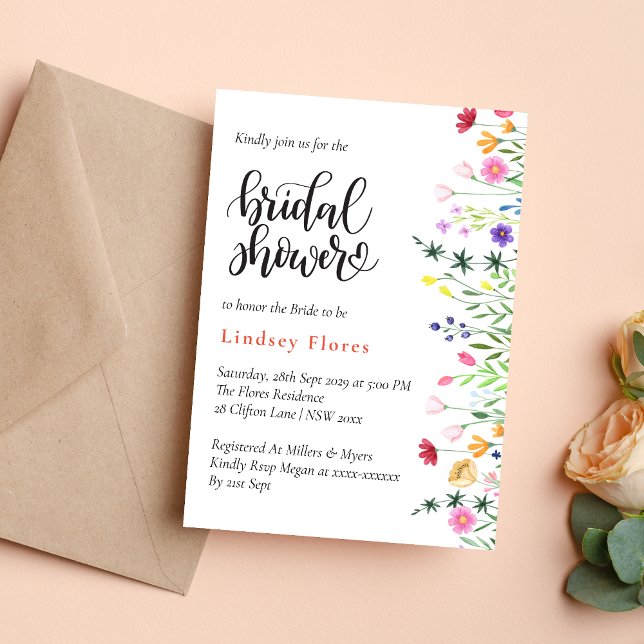 Convites Chic Boho Moderno Flores Selvagens e Vibrantes Chá (Modern chic boho bright wild flowers invitation creates a vibrant, stylish shower vibe)