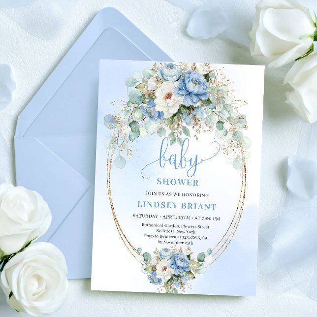 Convites Chic Boho Pastel Blue Flowers Baby Shower Invites (Chic Boho Pastel Blue Flowers Baby Shower Invitation)