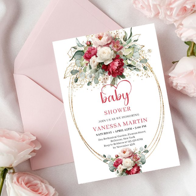 Convites Chic Boho Rubi Vermelho Rubor Verde Baby Shower (Chic Boho Ruby Red Blush Greenery Baby Shower)