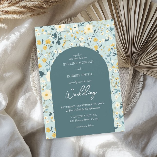 Convites Chic Boho verde e amarelo flores de algodão (Chic Boho green and yellow cottage flowers arch Invitation)