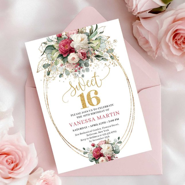 Convites Chic Boho Vermelho Borgonha Verde Sweet 16 Anivers (Chic Red Burgundy Greenery Sweet 16 Birthday Invitation)