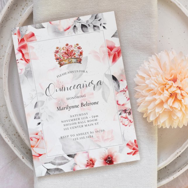 Convites Chic Boho Vermelho Floral Quinceañera (Criador carregado)