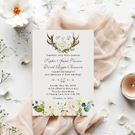 Convites Chic Boho White Cream Flowers Antlers Casamento