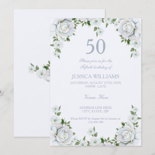Convites Chic Borda de Rosa Floral Aniversário de 50 anos