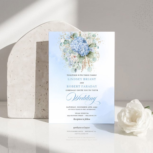 Convites Chic Botanical Boho Pastel Blue Hydrangea Wedding (Chic Botanical Boho Pastel Blue Hydrangea Wedding Invitation)