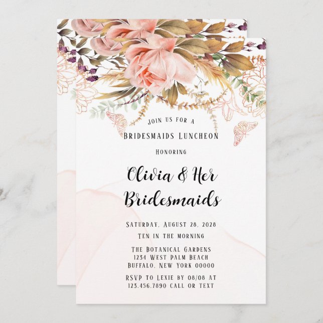 Convites Chic Botanon Butterfly Bridesmaids Lunch (Frente/Verso)