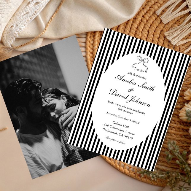 Convites Chic Bow Minimalista Listra Preto Branco Casamento (Criador carregado)