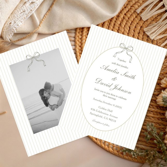 Convites Chic Bow Minimalista Listra Verde Casamento (Criador carregado)