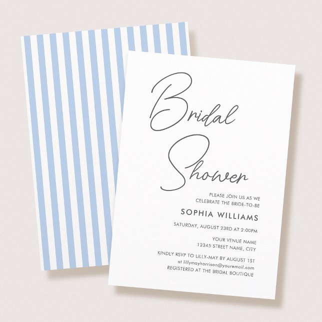 Convites Chic Bridal Shower Modern Script Blue Stripes (Criador carregado)