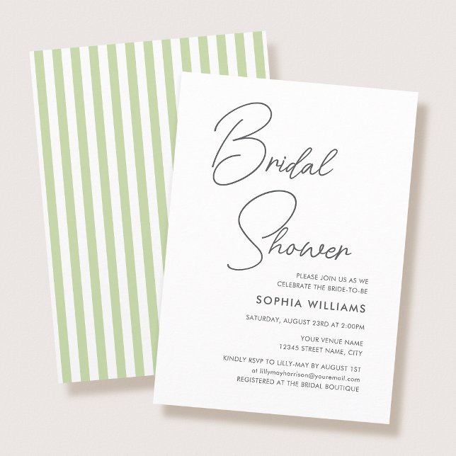 Convites Chic Bridal Shower Modern Script Green Stripes (Criador carregado)