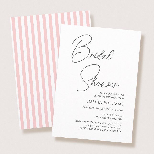 Convites Chic Bridal Shower Modern Script Pink Stripes (Criador carregado)