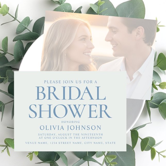 Convites Chic Bridal Shower Photo Typography Pale Blue (Criador carregado)