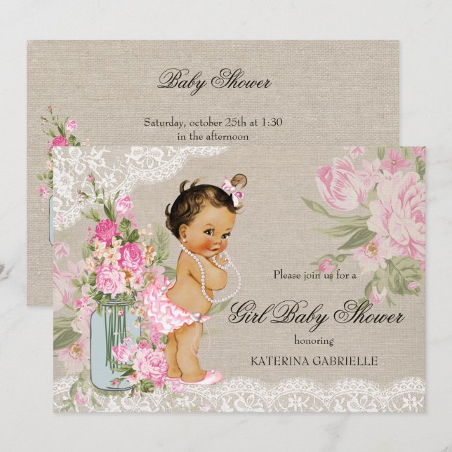Convites Chic Brincadeira de Bebê Floral em Renda Muito Des (Frente/Verso)