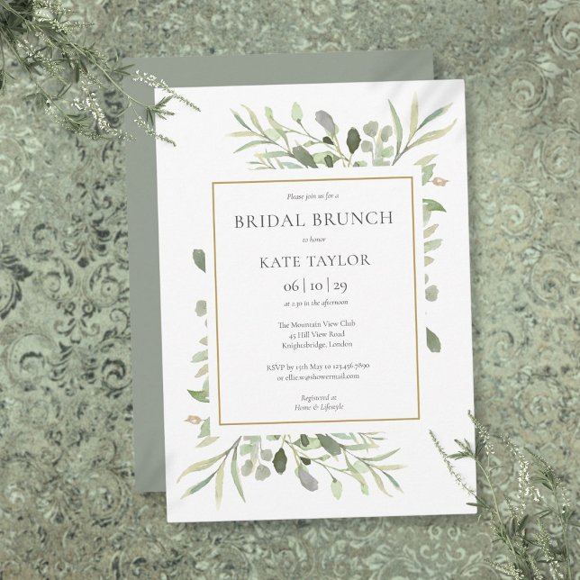 Convites Chic Brunch Nupcial Dourado com Vegetação em Aquar (Watercolor Greenery Chic Gold Bridal Brunch Invitation)