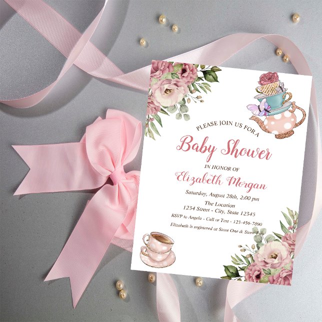 Convites Chic Bule de Chá Xícara Floral Chá de Bebê (Criador carregado)