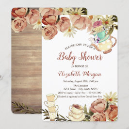 Convites Chic Bule de Chá Xícara Flores Madeira Chá de Bebê