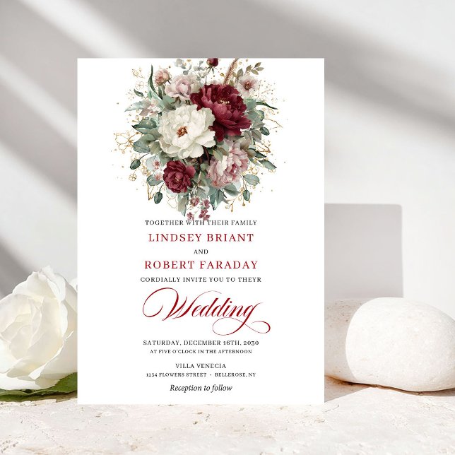 Convites Chic Burgundy and White Flowers Gold Wedding  (Chic Burgundy and White Flowers Gold Wedding Invite)