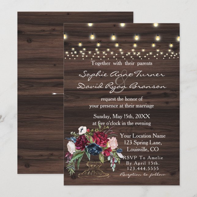 Convites Chic Burgundy Blue Flowers Old Barn Weding (Frente/Verso)