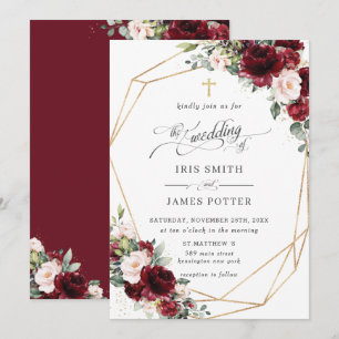 Convites Chic Burgundy Blush Rosa Floral Igreja Casamento