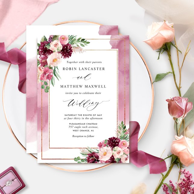 Convites Chic Burgundy Blush Watercolor e Casamento Floral (Criador carregado)