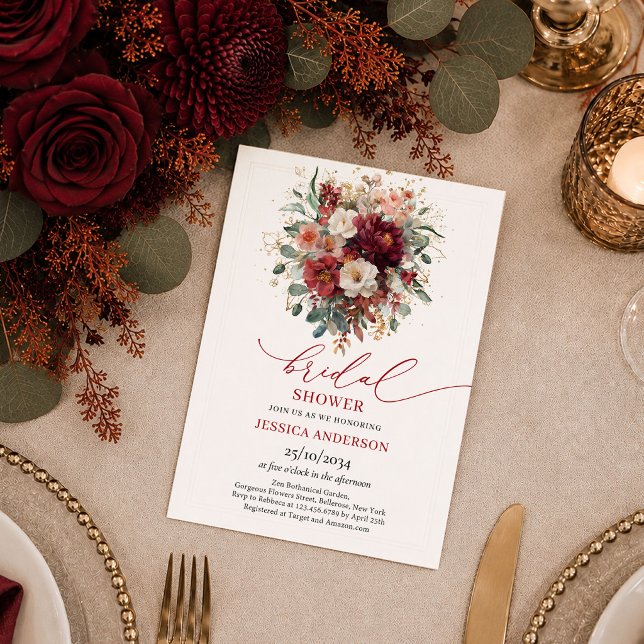 Convites Chic Burgundy Dourado Floral outono boho chá de no (Chic Burgundy Gold Floral fall boho bridal shower invitation

)