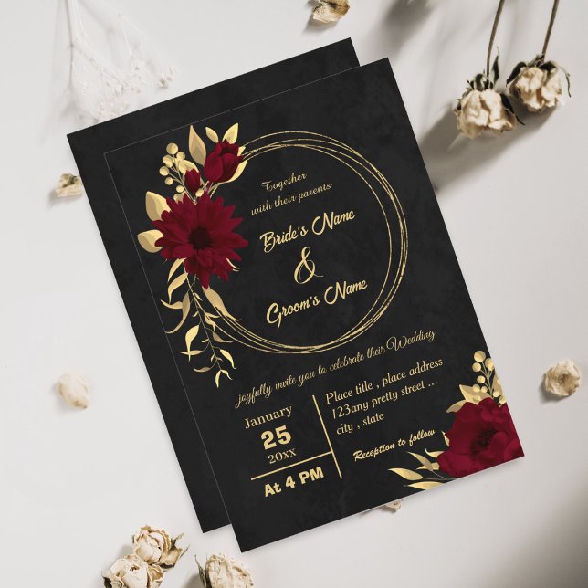 Convites Chic burgundy e casamento preto de ouro (Criador carregado)