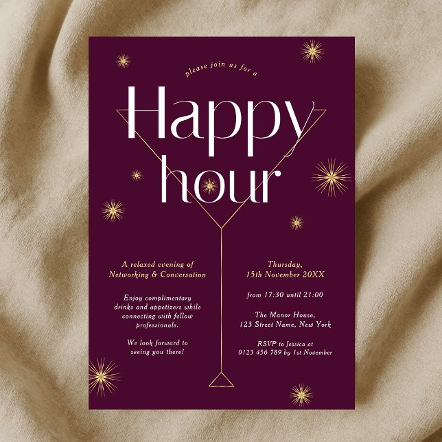 Convites Chic Burgundy e Dourada Rede da Empresa Feliz Hora (Modern burgundy and gold company cocktail party happy hour event invitation)