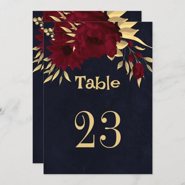 Convites Chic burgundy e marinho de ouro - número da tabela (Frente/Verso)