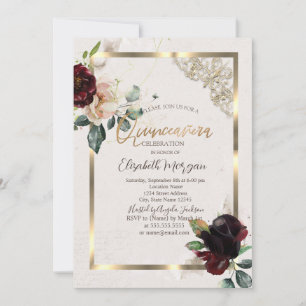 Convites Chic Burgundy Flowers Frame Dourado Quinceañera