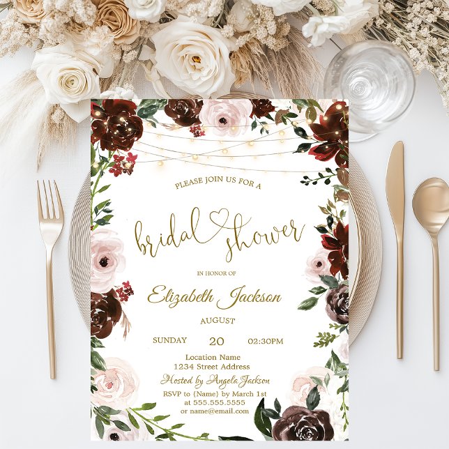 Convites Chic Burgundy Flowers String Lights Bridal Shower (Criador carregado)