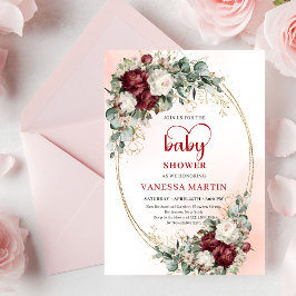 Convites Chic Burgundy Gold Heart-Shaped Font Baby Shower