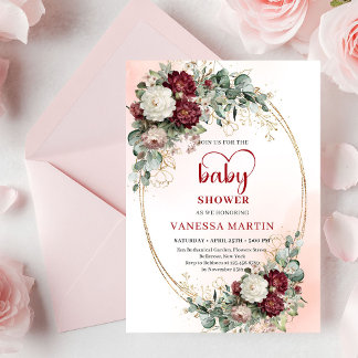 Convites Chic Burgundy Gold Heart-Shaped Font Baby Shower 