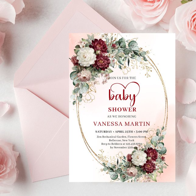 Convites Chic Burgundy Gold Heart-Shaped Font Baby Shower  (Chic Burgundy Gold Heart-Shaped Font Baby Shower Invitation)